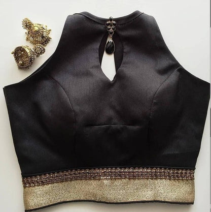 Women's Black High Neck Designer Readymade Blouse with Keyhole Back & Golden Border Work