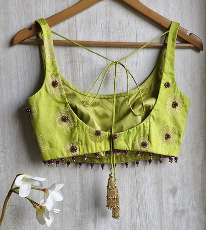 Lime Green Designer Silk Blouse with Hand Embroidery, Purple Bead Work & Tassel Back Tie