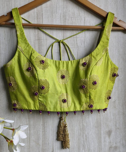 Lime Green Designer Silk Blouse with Hand Embroidery, Purple Bead Work & Tassel Back Tie