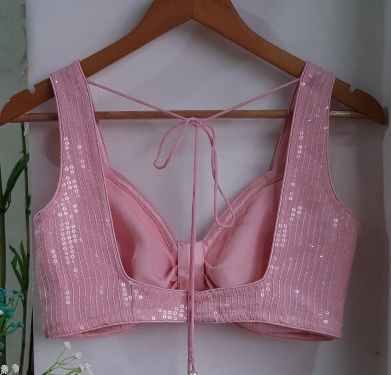 Elegant Pink Sequin Bow Design Sleeveless Saree Blouse for Women