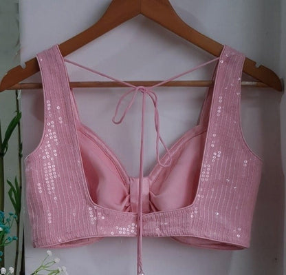 Elegant Pink Sequin Bow Design Sleeveless Saree Blouse for Women