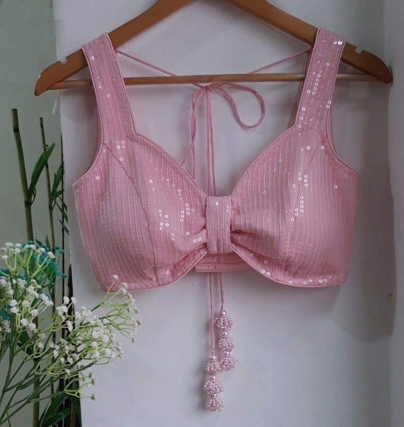 Elegant Pink Sequin Bow Design Sleeveless Saree Blouse for Women
