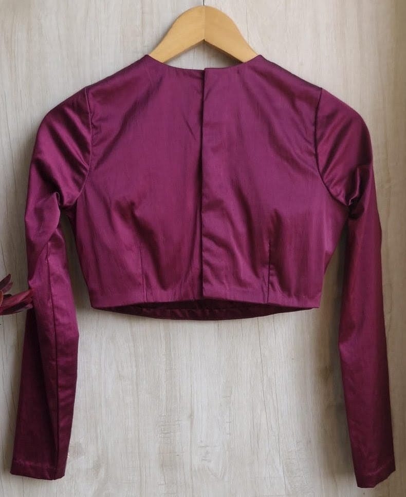 Women's Wine Purple Satin Silk Long Sleeve Designer Blouse with Stone Embellished Round Neck