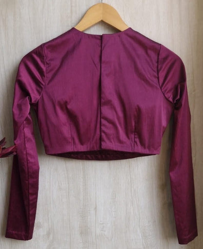 Women's Wine Purple Satin Silk Long Sleeve Designer Blouse with Stone Embellished Round Neck