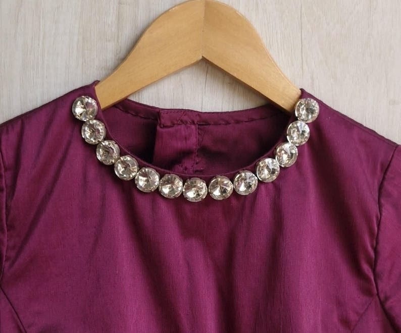 Women's Wine Purple Satin Silk Long Sleeve Designer Blouse with Stone Embellished Round Neck
