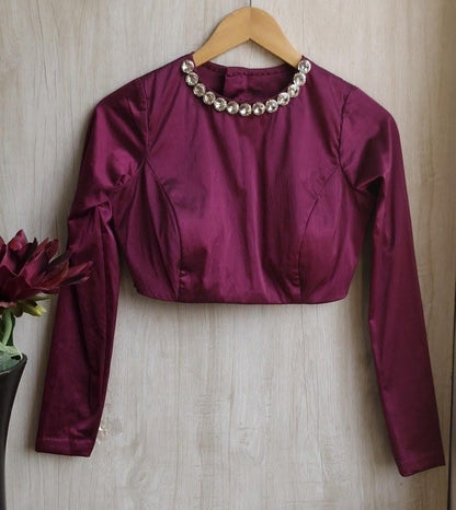 Women's Wine Purple Satin Silk Long Sleeve Designer Blouse with Stone Embellished Round Neck