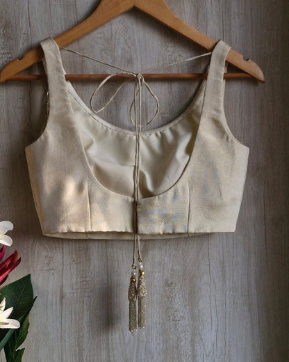 Champagne Gold Designer Blouse with Crystal Fringe Tassels & Deep Back Dori