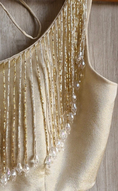 Champagne Gold Designer Blouse with Crystal Fringe Tassels & Deep Back Dori