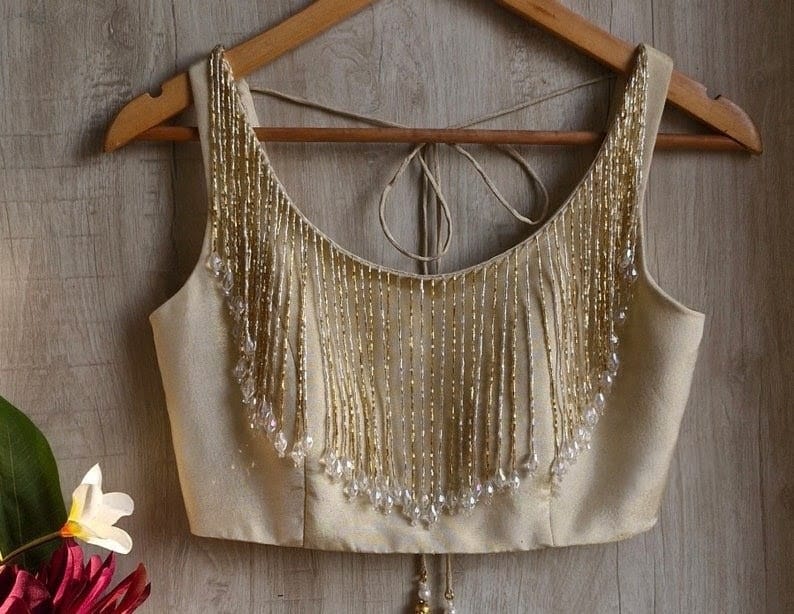 Champagne Gold Designer Blouse with Crystal Fringe Tassels & Deep Back Dori
