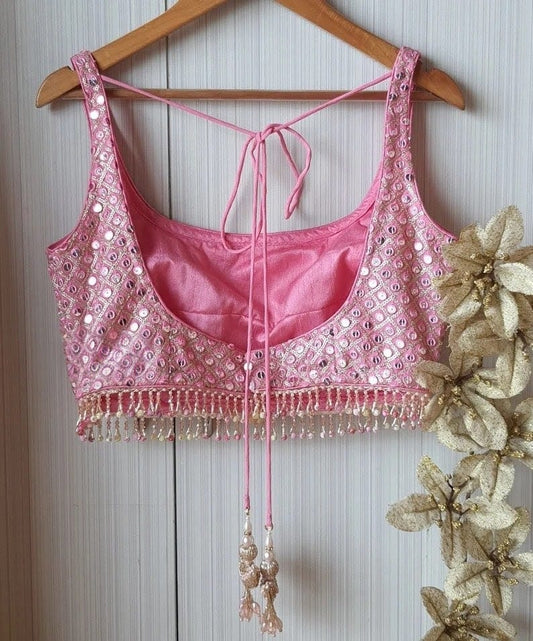 Baby Pink Mirror Work Sleeveless Designer Saree Blouse with Pearl Tassel Hem