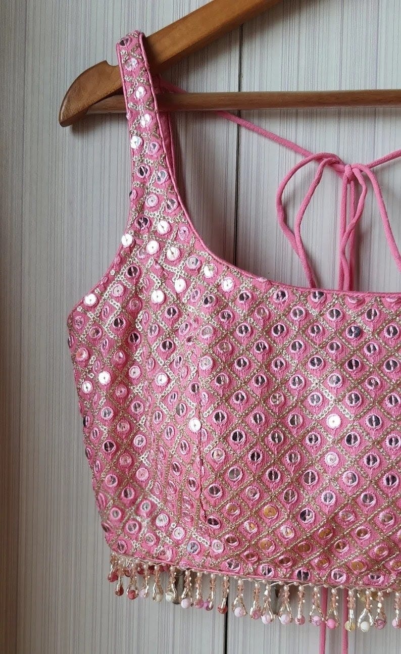 Baby Pink Mirror Work Sleeveless Designer Saree Blouse with Pearl Tassel Hem