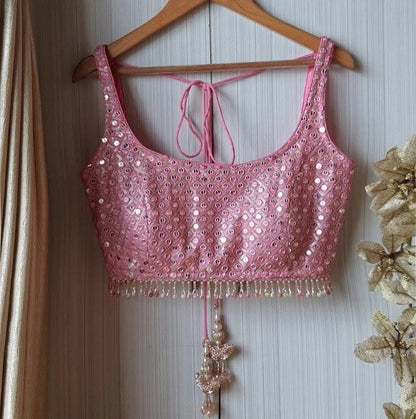 Baby Pink Mirror Work Sleeveless Designer Saree Blouse with Pearl Tassel Hem