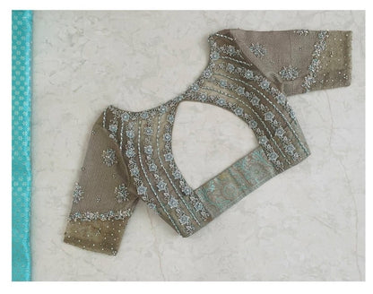 Designer Taupe Net Blouse with Silver Floral Embroidery & Statement Cut-Out Back