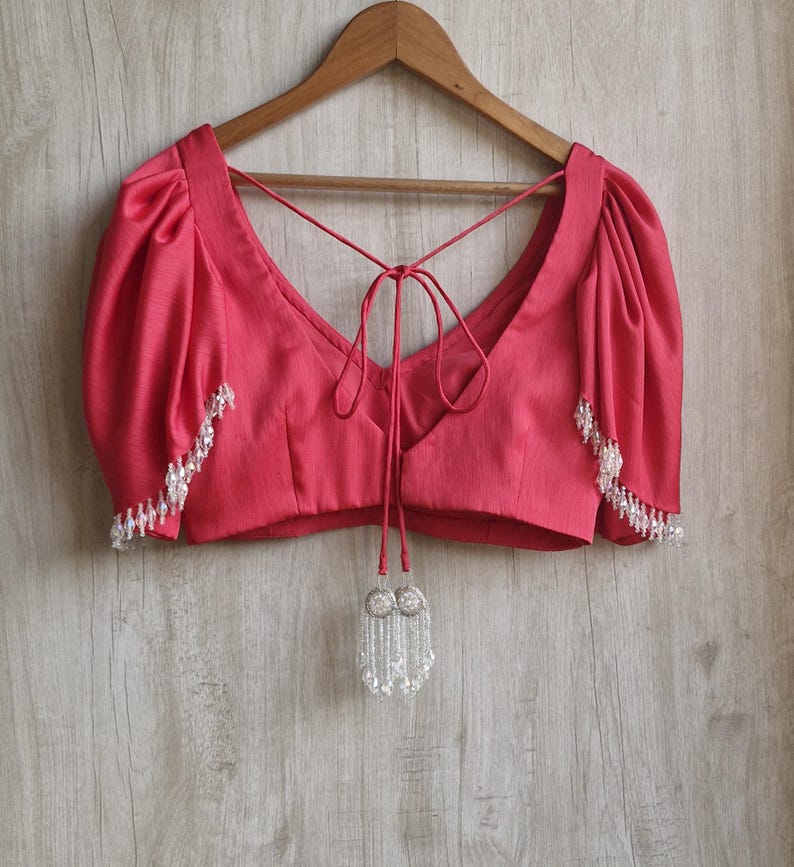 Coral Pink Puff Sleeve Designer Saree Blouse with Beaded Tassel Dori