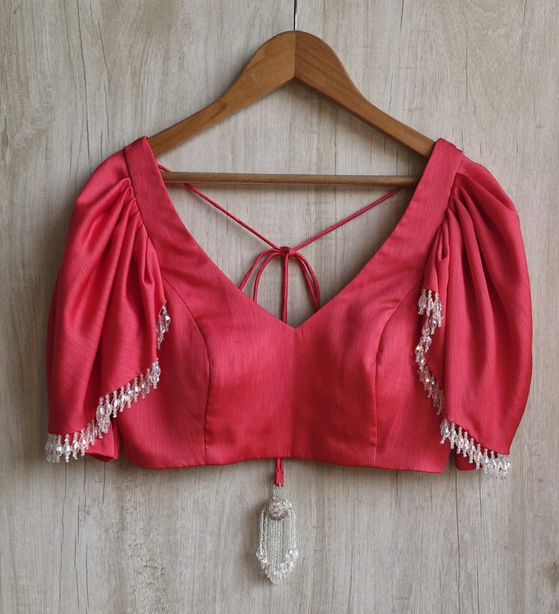Coral Pink Puff Sleeve Designer Saree Blouse with Beaded Tassel Dori