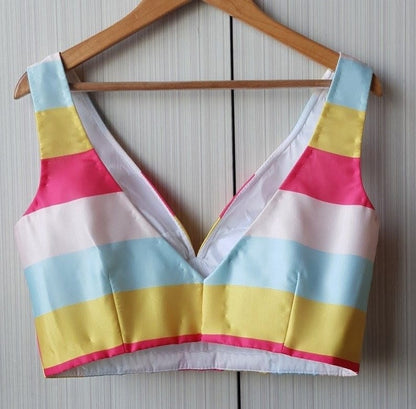 Pastel Rainbow Striped V-Neck Designer Saree Blouse for Women