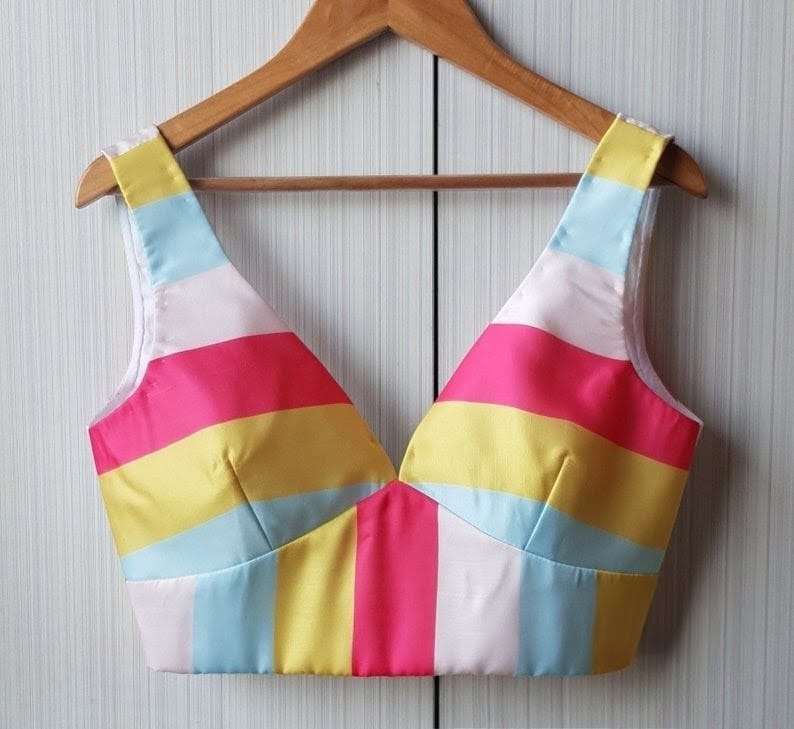 Pastel Rainbow Striped V-Neck Designer Saree Blouse for Women
