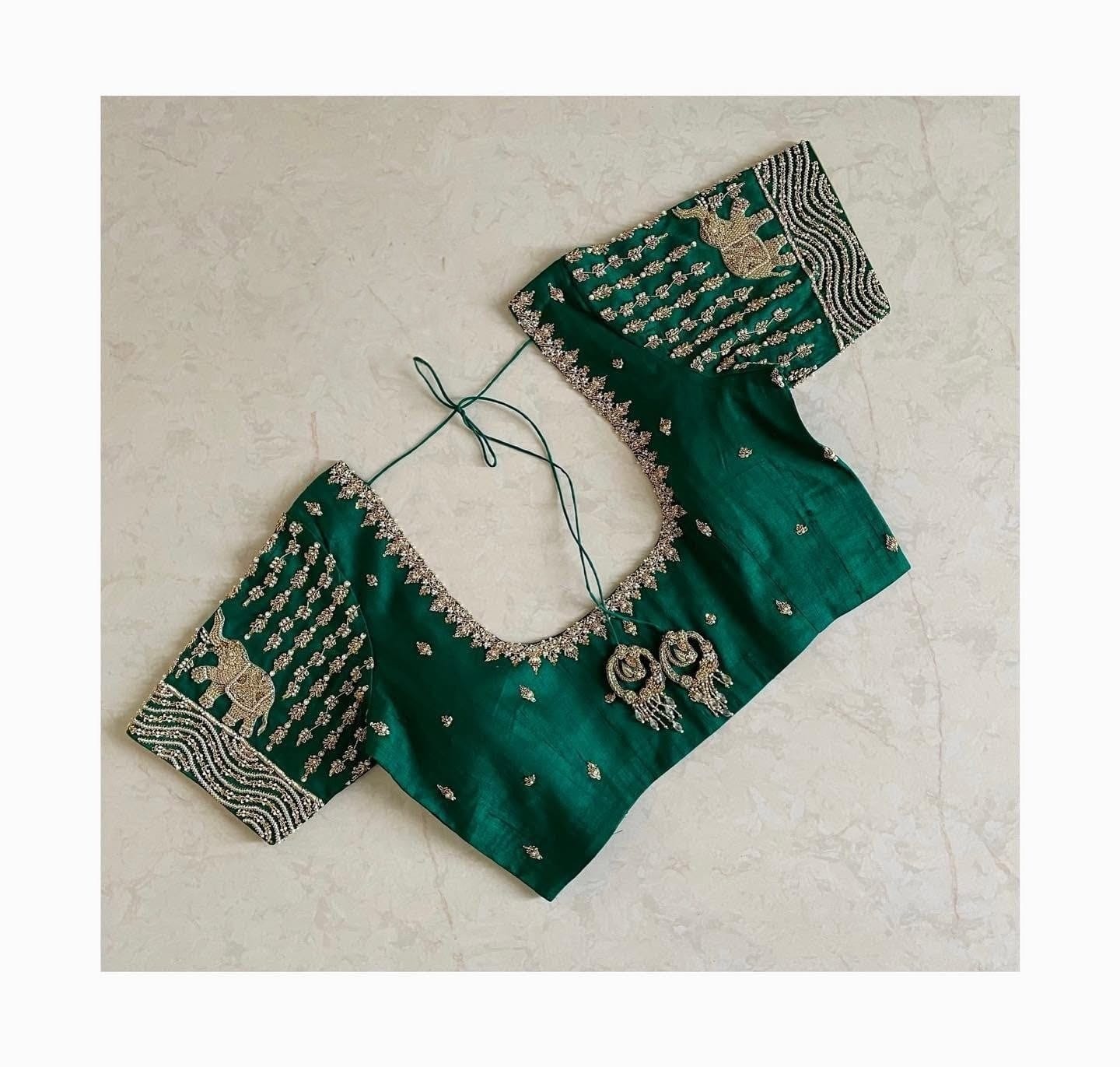 Emerald Green Designer Silk Blouse with Elephant Motif Embroidery & Deep Back Neck