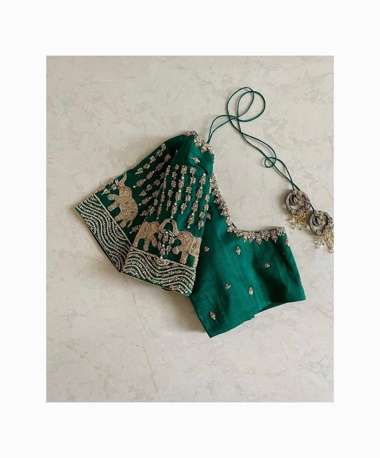 Emerald Green Designer Silk Blouse with Elephant Motif Embroidery & Deep Back Neck
