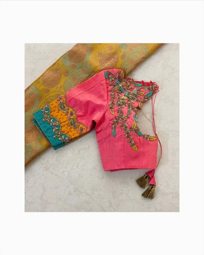 Coral Pink Floral Embroidered Silk Designer Blouse with Tassel Dori