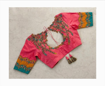 Coral Pink Floral Embroidered Silk Designer Blouse with Tassel Dori