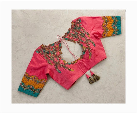 Coral Pink Floral Embroidered Silk Designer Blouse with Tassel Dori