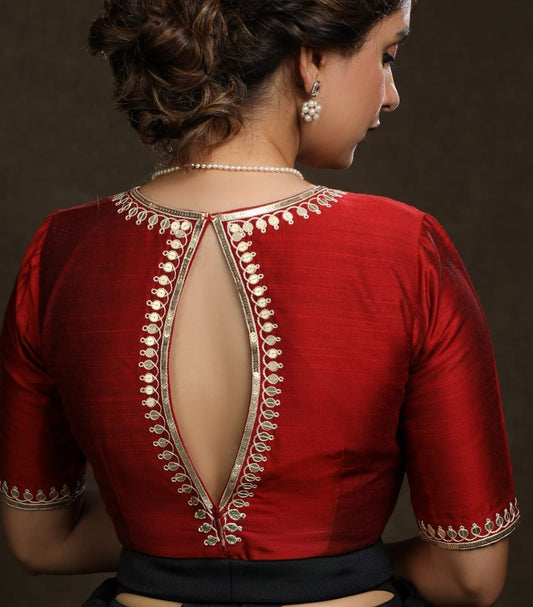 Classic Red Silk Blouse with Keyhole Back & Gold Embroidered Detailing