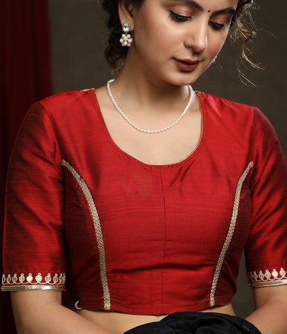 Classic Red Silk Blouse with Keyhole Back & Gold Embroidered Detailing