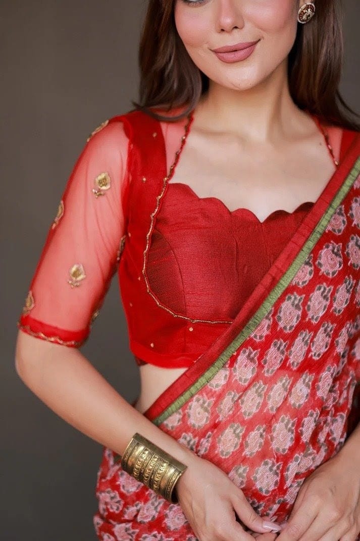 Designer Red Scallop Neck Net Back Blouse for Saree | Party Wear Readymade Blouse