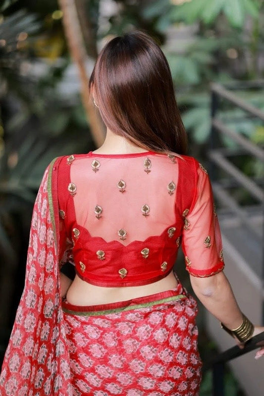 Designer Red Scallop Neck Net Back Blouse for Saree | Party Wear Readymade Blouse