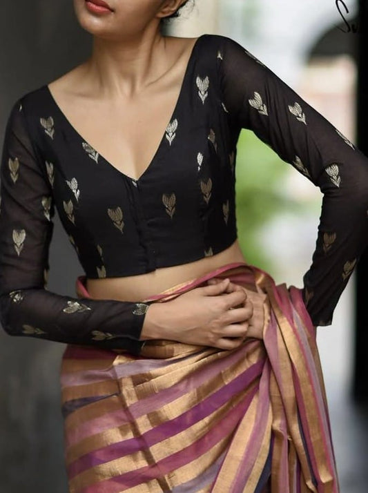 Black V-Neck Foil Printed Full Sleeve Designer Blouse