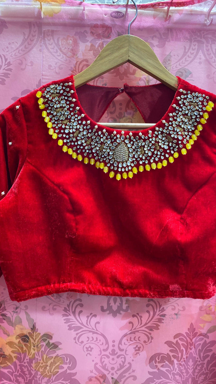 Red Velvet Stone Work Designer Saree Blouse