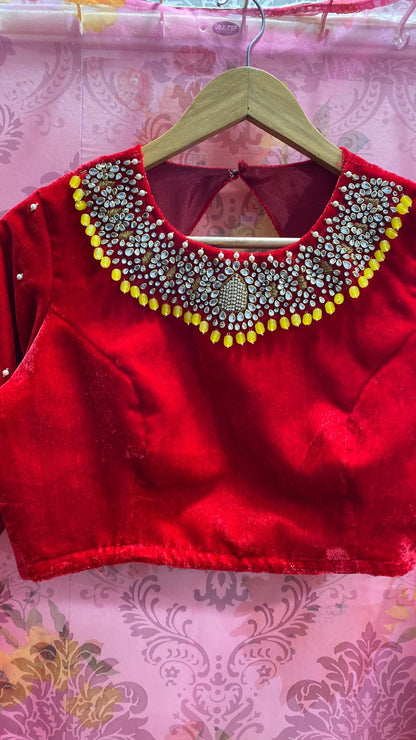 Red Velvet Stone Work Designer Saree Blouse