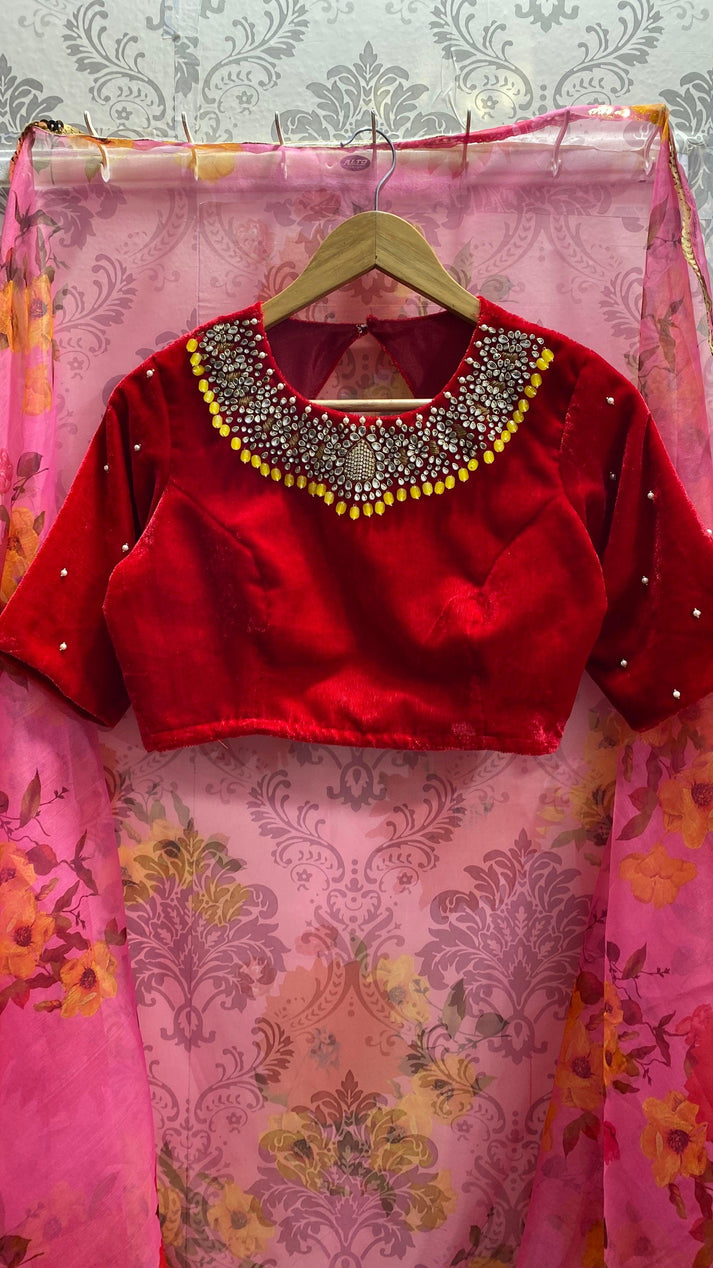 Red Velvet Stone Work Designer Saree Blouse