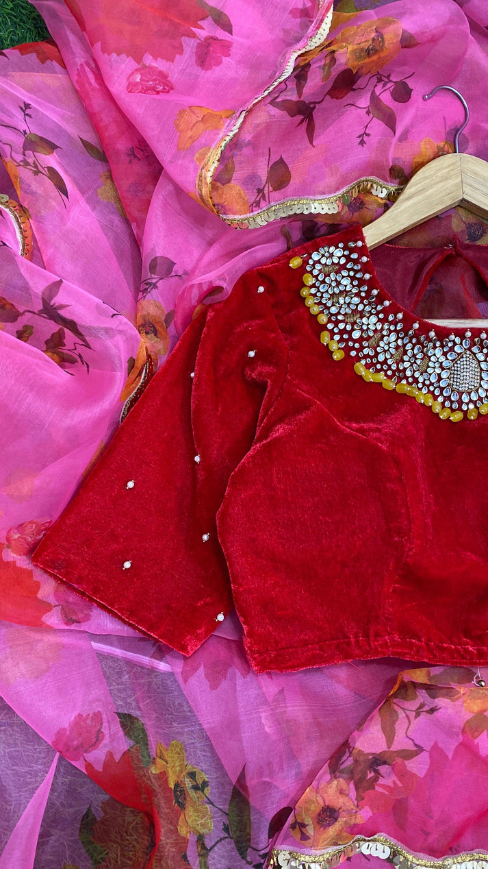 Red Velvet Stone Work Designer Saree Blouse