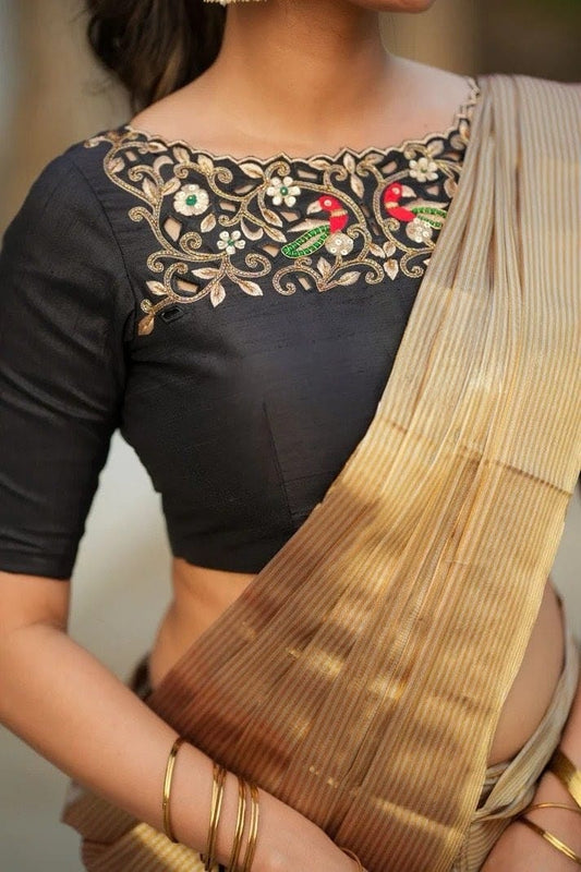 Black Embroidered Bird Design Boat Neck Blouse