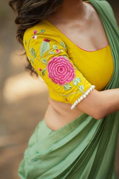 Sunshine Yellow Floral Embroidered Designer Blouse with Pearl Sleeve Detailing