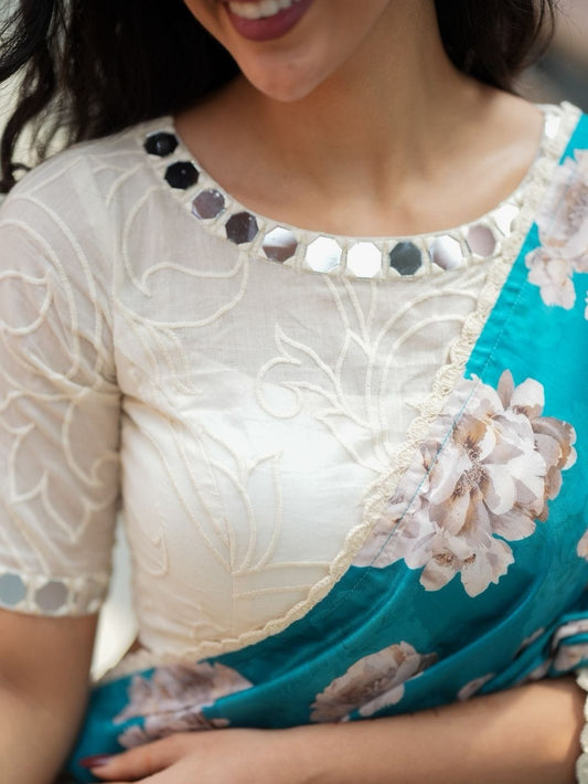 Designer Ivory Embroidered Blouse with Mirror Work Neckline