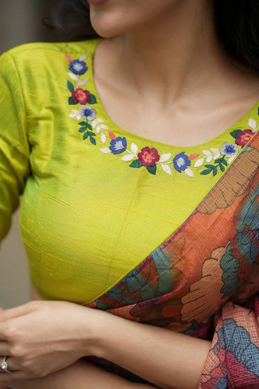 Parrot Green Embroidered Silk Blouse with Floral Neck & Sleeve Detailing