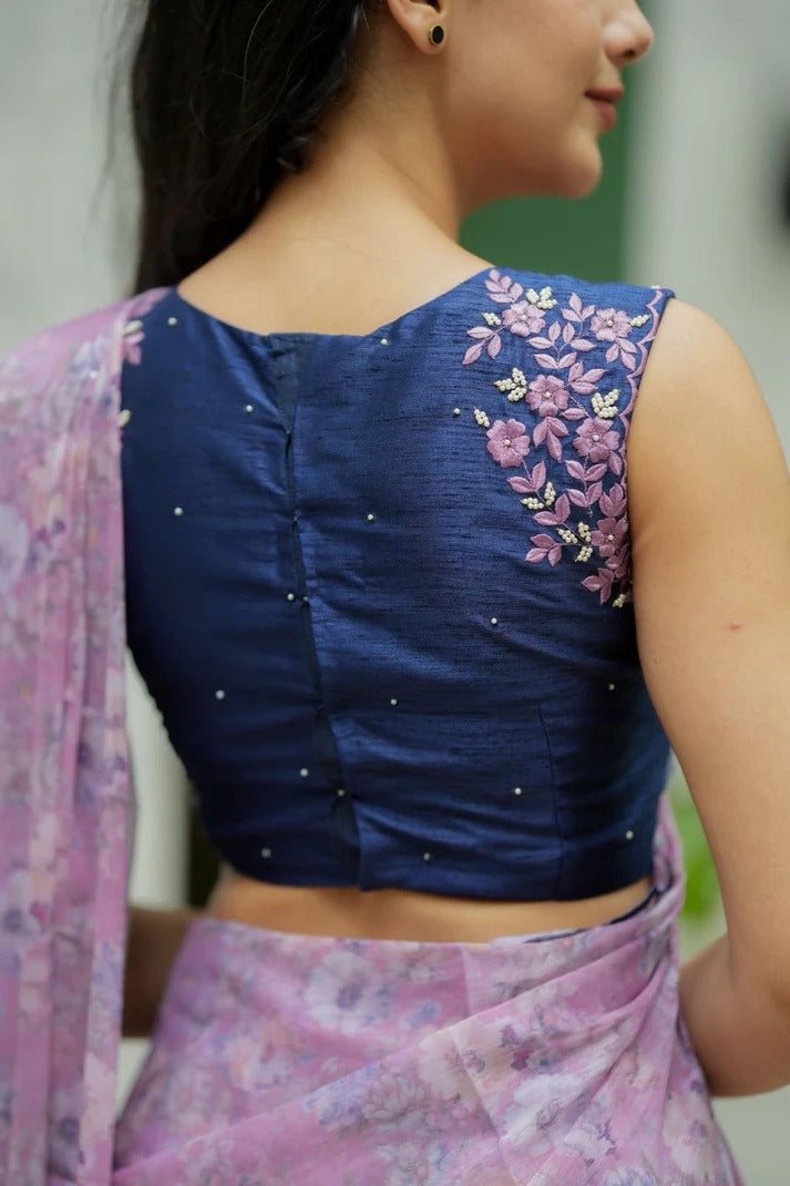 Navy Blue Floral Embroidered Sleeveless Designer Blouse