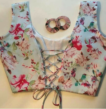 Pastel Floral Printed Blouse with Lace-Up Back Design