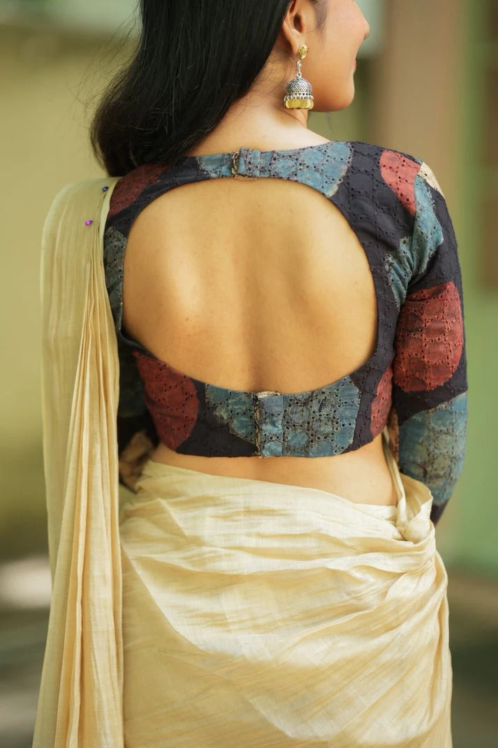 Multicolor Printed Cotton Designer Blouse with Round Cut-Out Back