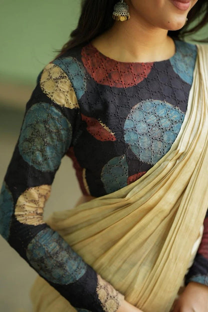 Multicolor Printed Cotton Designer Blouse with Round Cut-Out Back