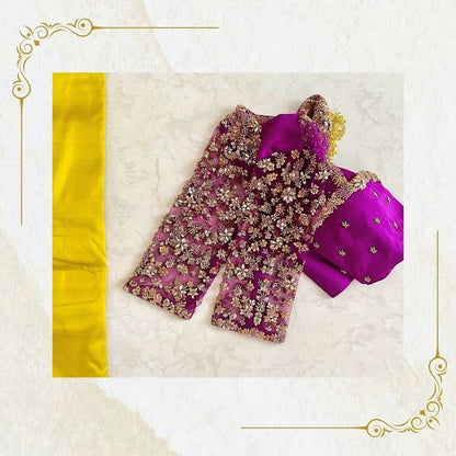 Purple Heavy Embroidered Designer Silk Blouse with Floral Net Sleeves