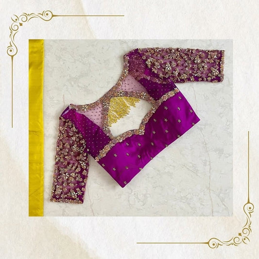 Purple Heavy Embroidered Designer Silk Blouse with Floral Net Sleeves
