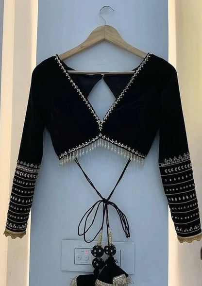 Midnight Black Mirror Work Tie-Back Designer Blouse