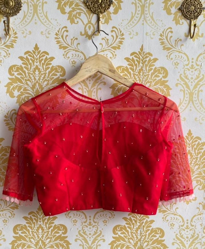 Red Net Embellished Saree Blouse with Illusion Neckline