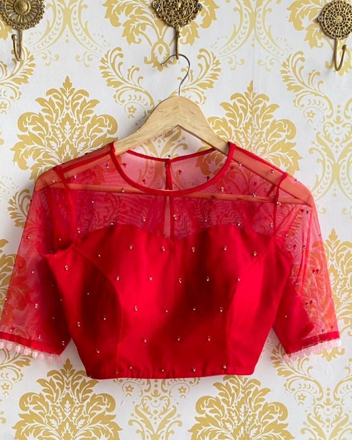 Red Net Embellished Saree Blouse with Illusion Neckline