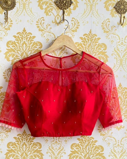 Red Net Embellished Saree Blouse with Illusion Neckline