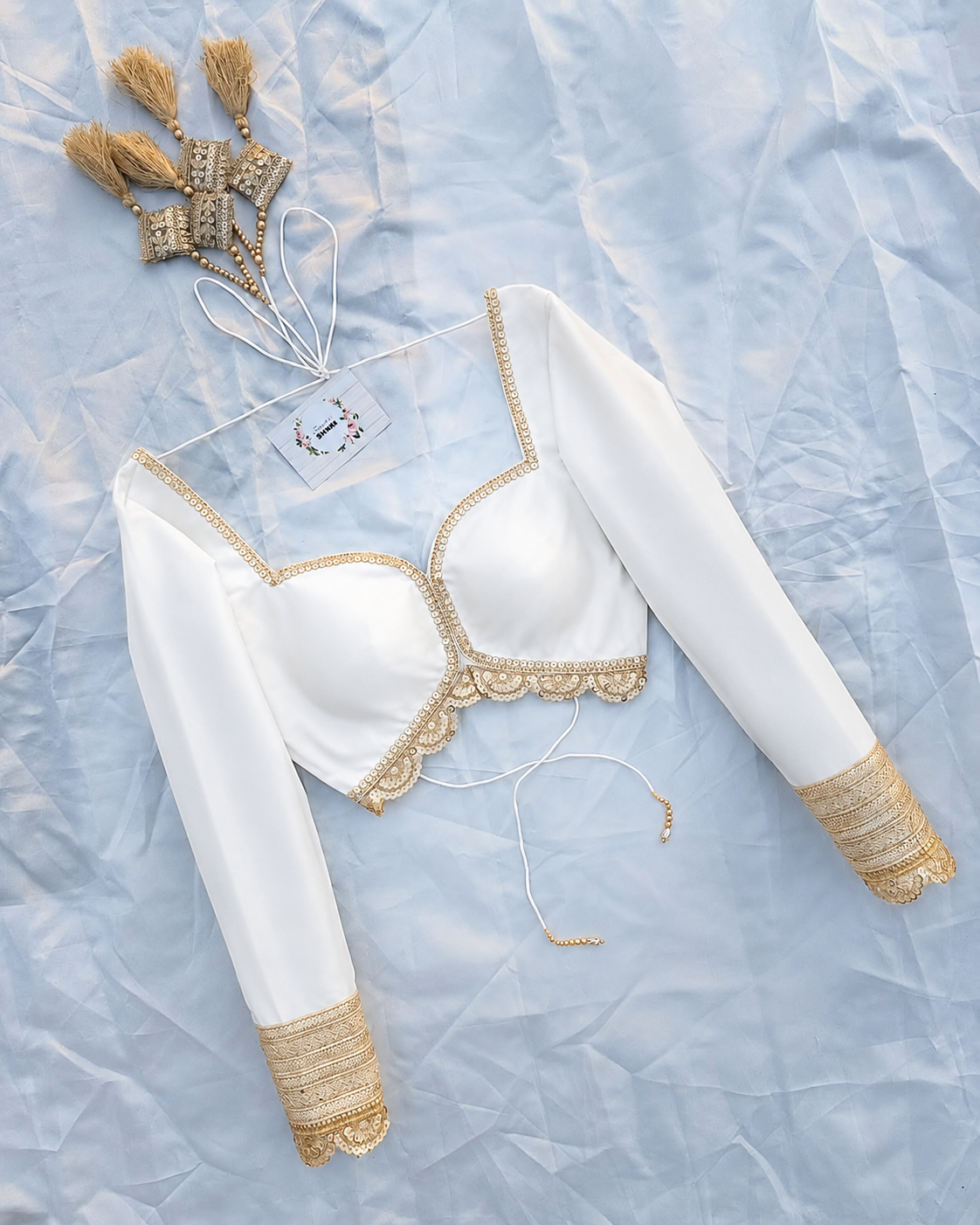 Beautiful White Designer Blouse with Golden Lace Work & Full Sleeves
